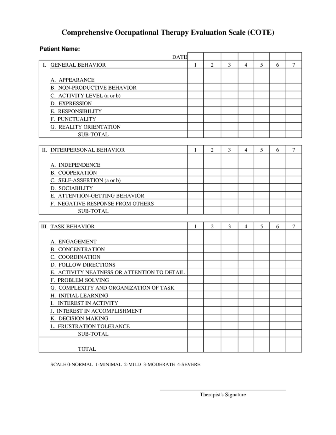 cote scale  comprehensive occupational therapy evaluation scale cote occupational therapy home evaluation template