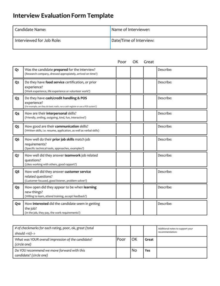 free 16 free interview evaluation forms manager candidate etc job interview evaluation form template excel