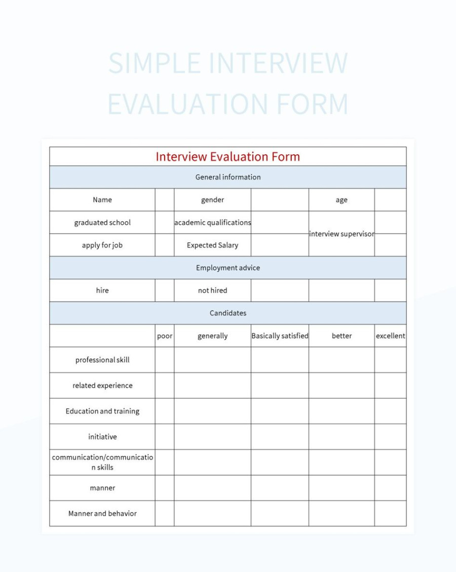 simple interview evaluation form excel template and google sheets file for free download candidate interview evaluation form template word