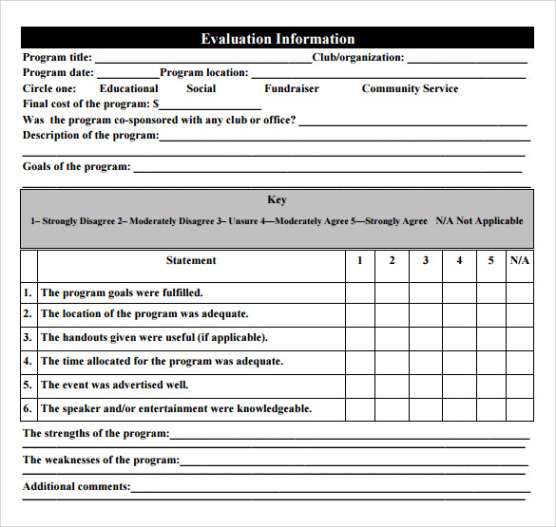 free 11 sample program evaluation forms in pdf after school program evaluation template