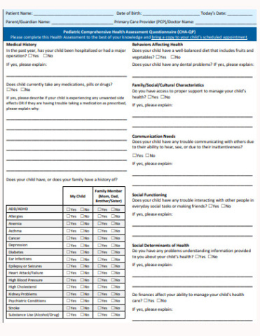 sample 10 pediatric health questionnaire templates in pdf  doc physical therapy pediatric evaluation template pdf