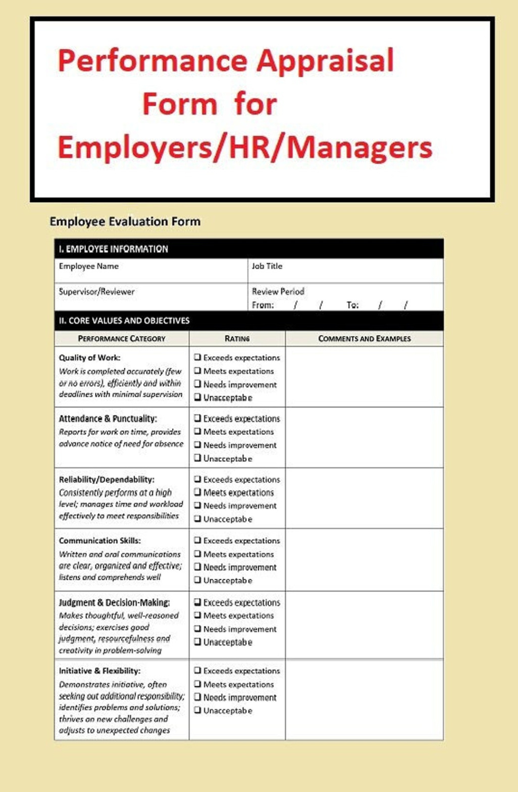 sample performance appraisal form in editable pdf template employee performance appraisal employee annual employee performance evaluation template